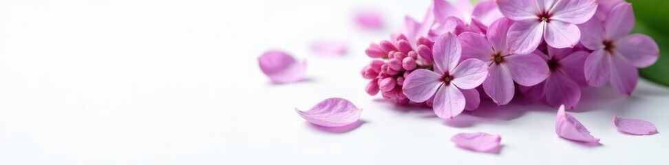 Delicate lilac blooms scattered on a pure white surface, showcasing their intricate details and gentle hues, spring, nature, clean