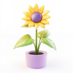 Obraz premium A stylized sunflower in a purple pot with green leaves, rendered in 3D style.