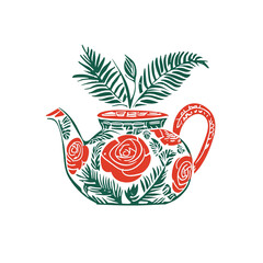 Ornate Teapot with Roses and Greenery Illustration