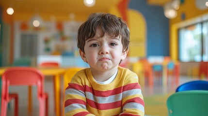 cute little boy is crying in the modern bright kindergarten
