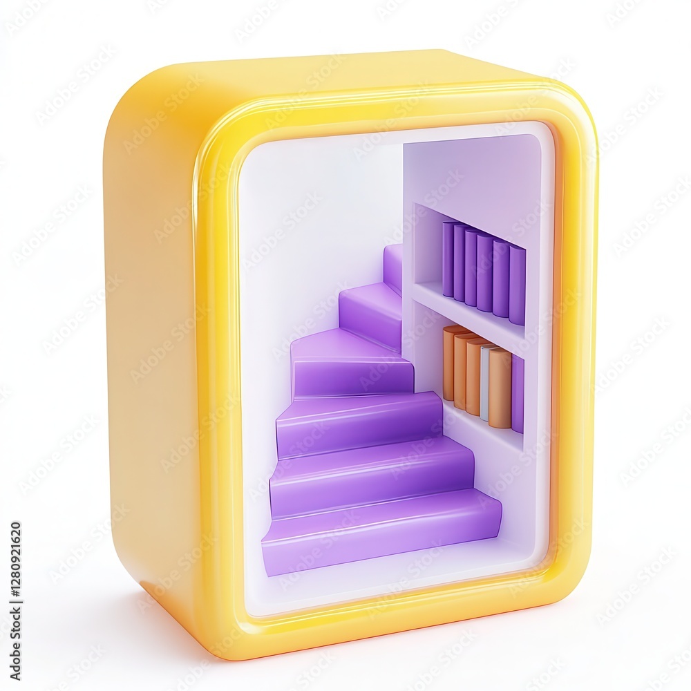 Poster a colorful 3d model of a stylized bookshelf with stairs, showcasing modern design elements and vibra