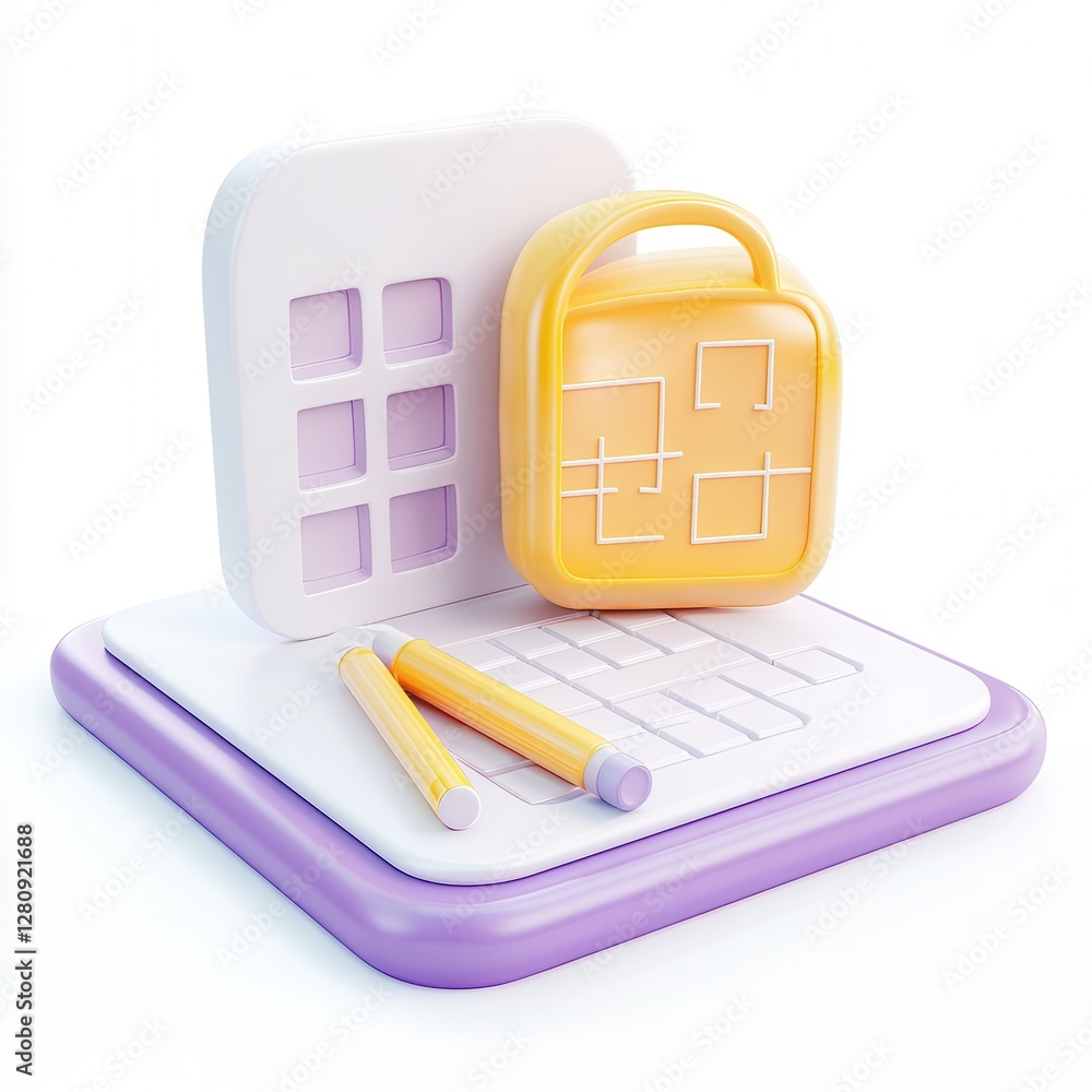 Aufkleber a colorful 3d rendering of a secure digital interface featuring a padlock, grids, and pens.