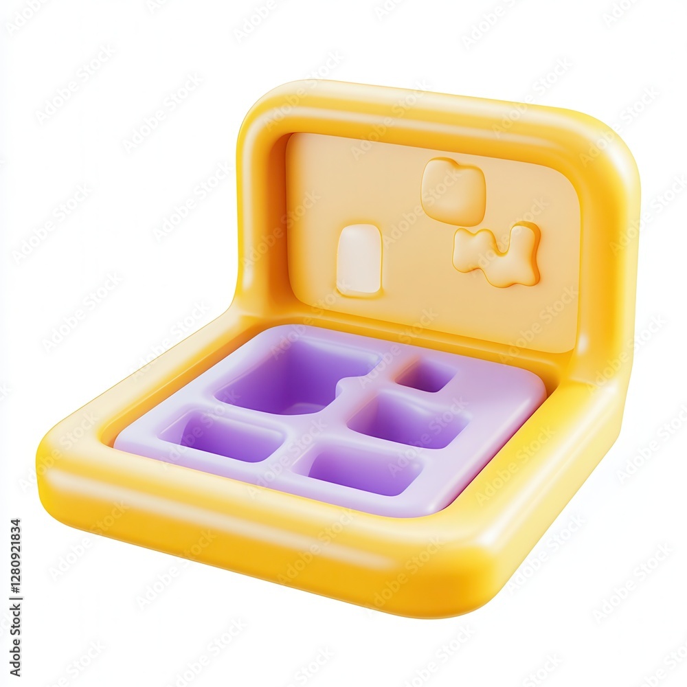 Poster a colorful shape sorting toy in yellow and purple, showcasing geometric cutouts for children to lear
