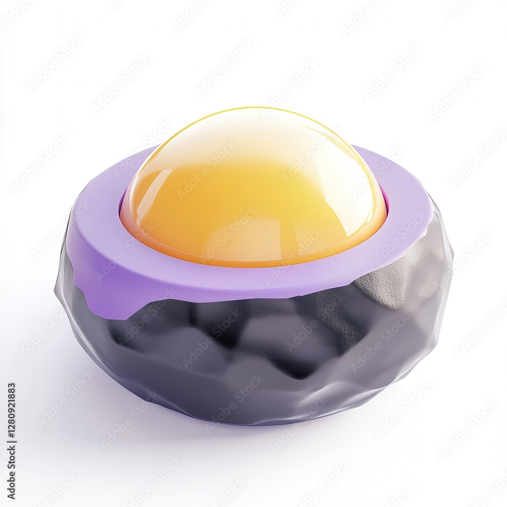 Poster a stylized 3d model of an abstract object with a shiny dome in yellow atop a textured base in purple