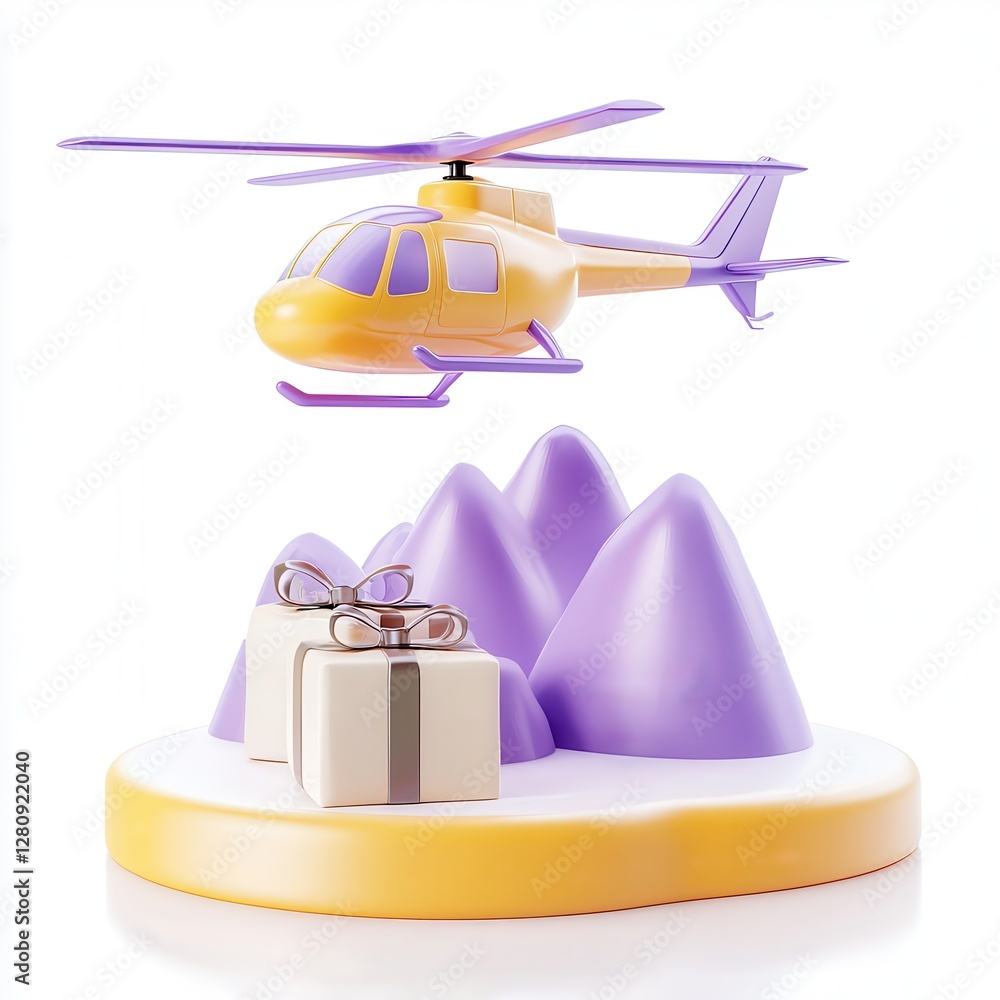 Poster a stylized helicopter hovering above two gift boxes on a colorful base with soft mountain shapes in 