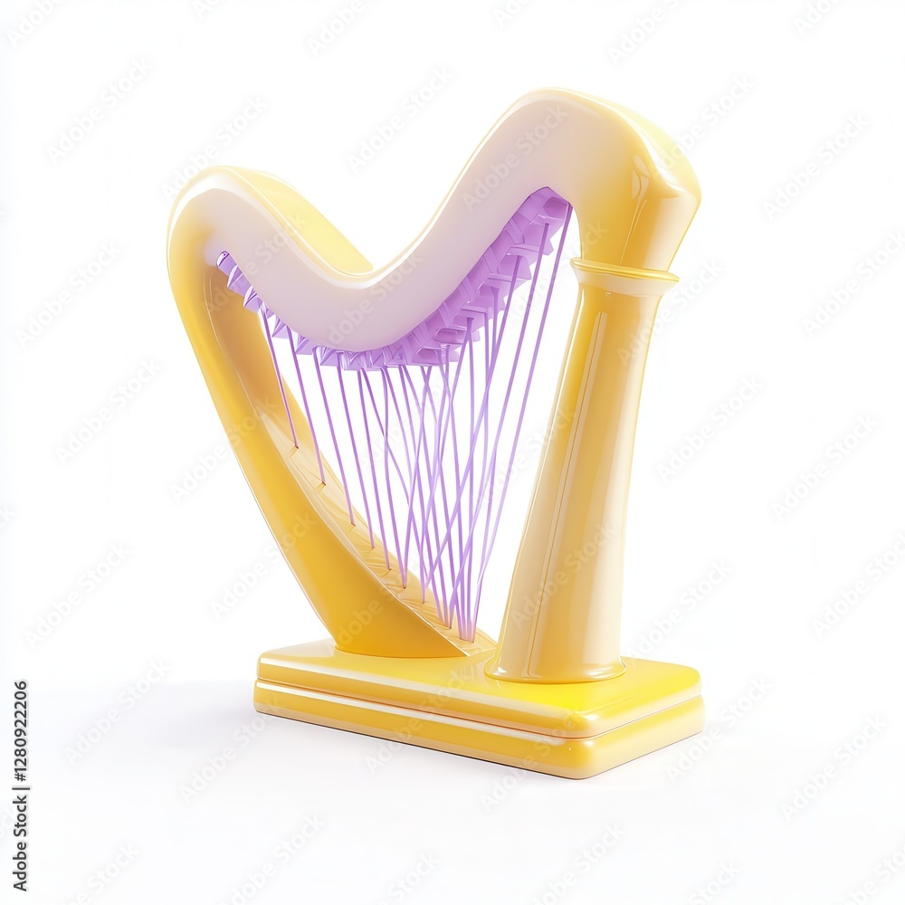 Poster a colorful 3d rendered harp with a yellow body and purple strings, showcasing a unique and playful d