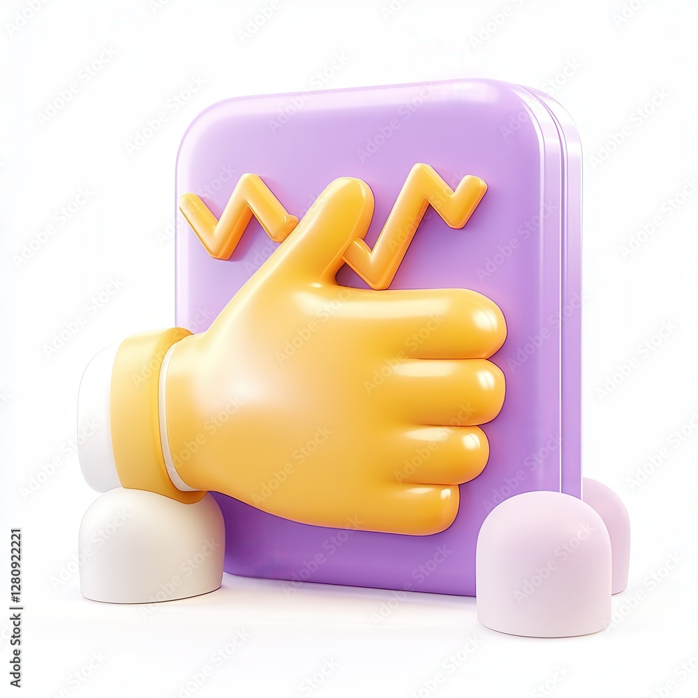 Poster a colorful 3d hand gesture appearing to interact with a stylized graph on a purple square background