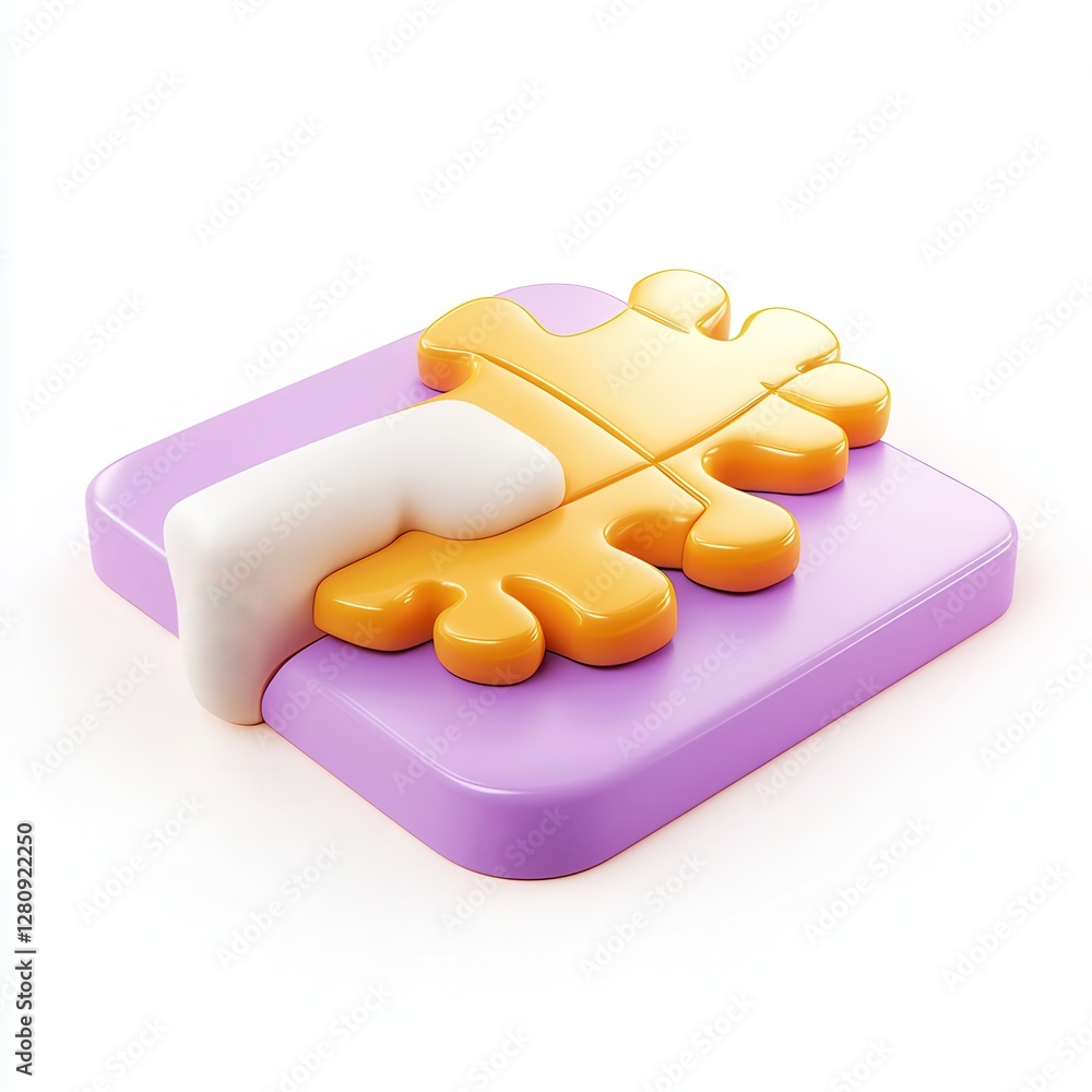 Poster a colorful 3d puzzle piece fitting into a purple base, creating a playful and artistic visual repres