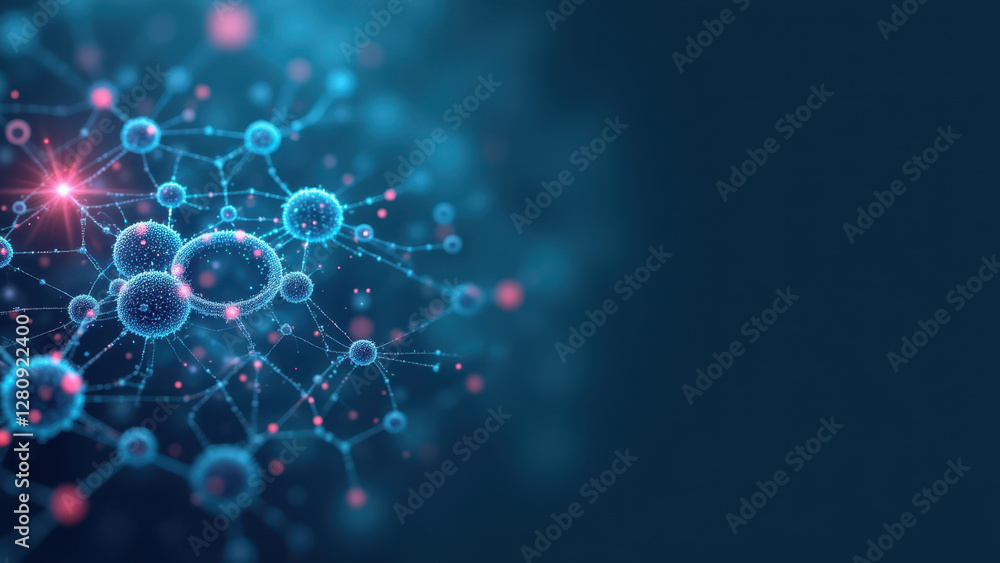 Poster visual representation of semaglutide with glowing atoms connecting like a molecular network.