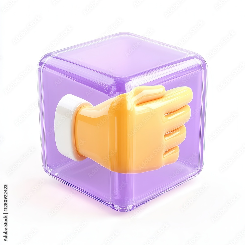 Poster a 3d rendered object featuring a hand emerging from a cube, showcasing bright colors and a modern de
