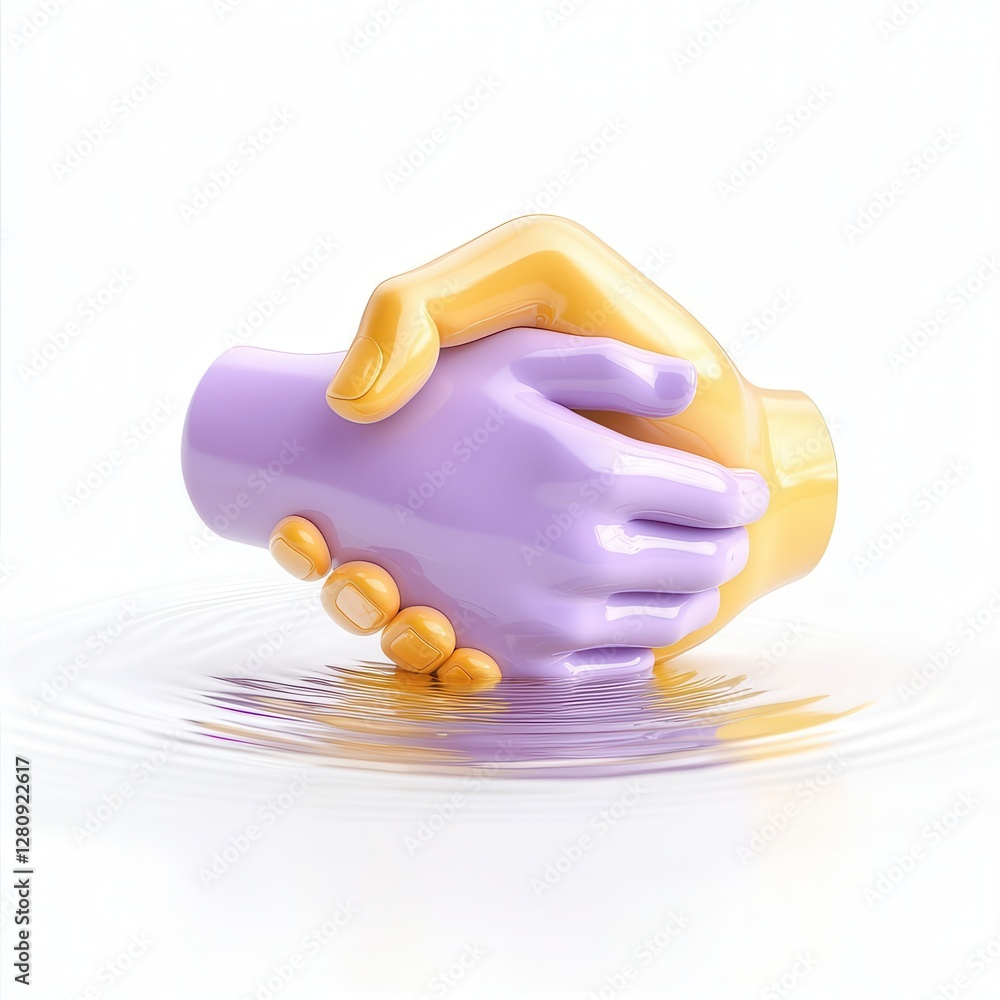Poster a stylized 3d rendering of two hands shaking, set against a reflective surface creating a serene vis