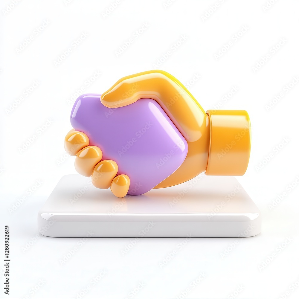 Poster a colorful 3d hand shake model showcasing collaboration and unity, displayed on a simple white base.