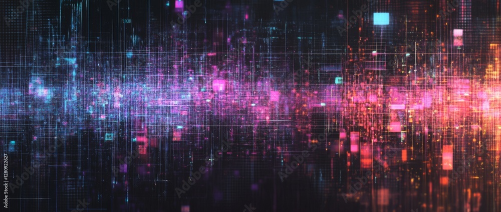 Poster vivid digital noise texture overlay with glitch art style on a dark background creating an immersive