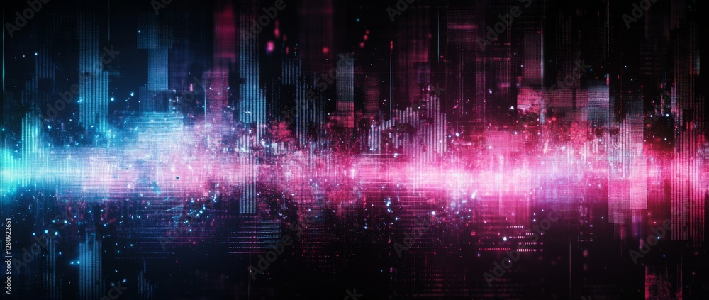 Poster vivid digital noise texture overlay with glitch art style on a dark background creating an immersive