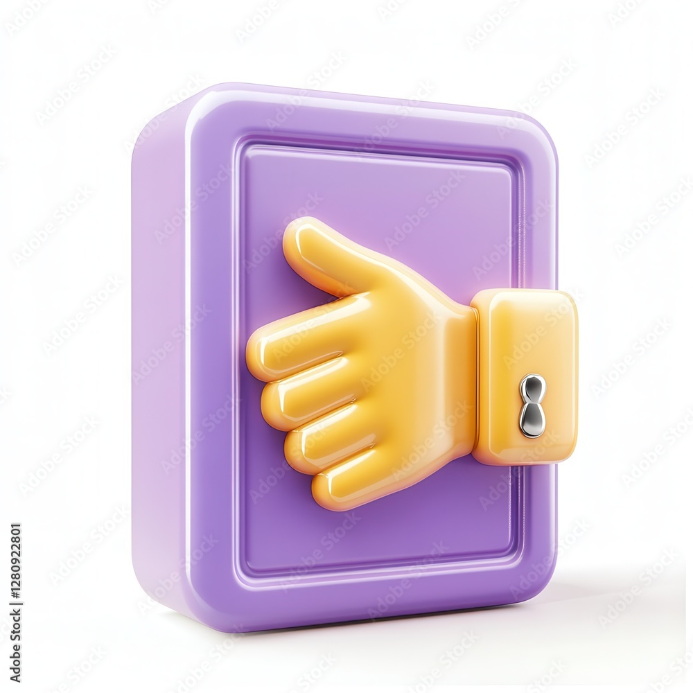 Poster a 3d rendered icon of a purple box with a yellow hand design and a circular element, showcasing mode