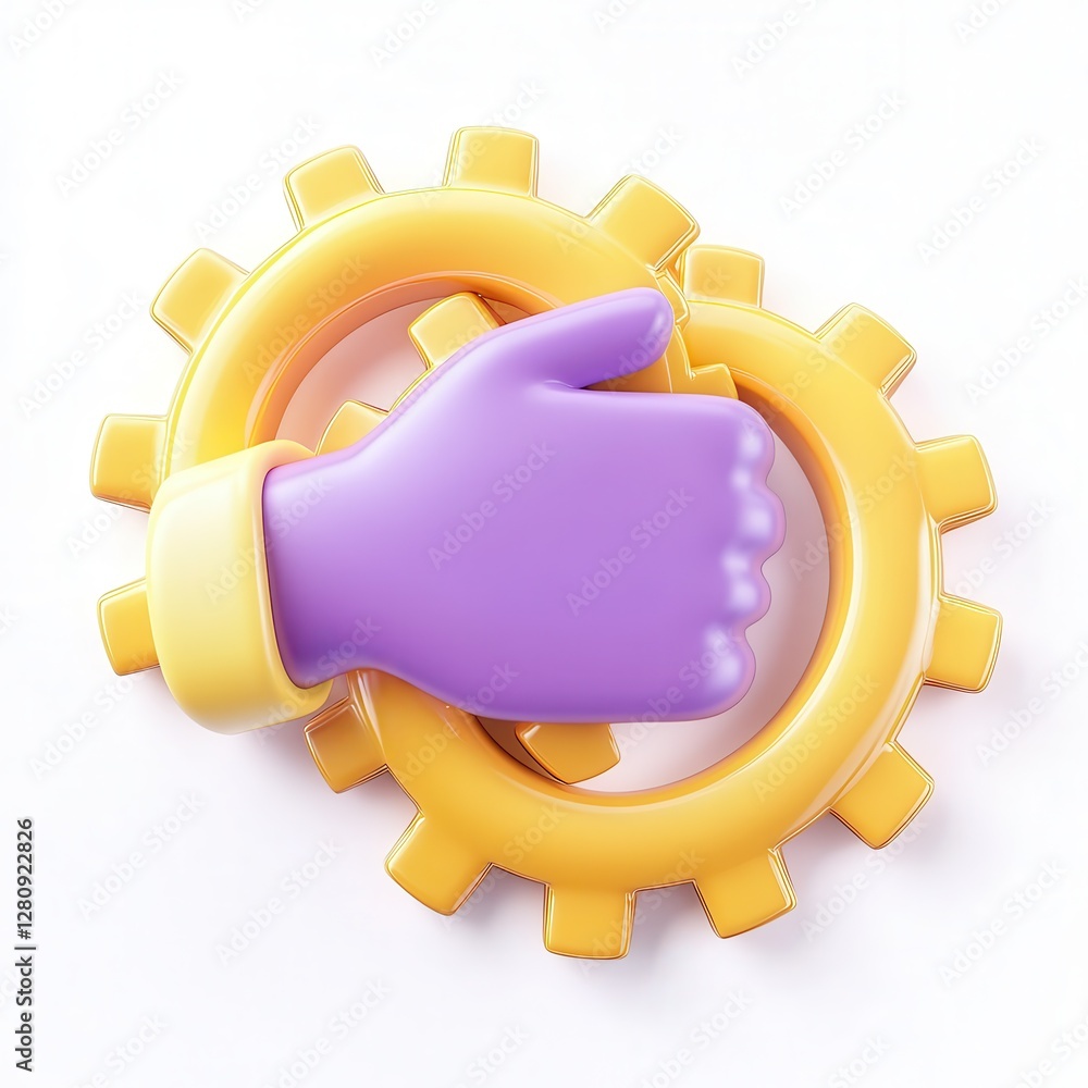 Poster a colorful 3d rendering of a thumbs-up hand intertwined with yellow gears, symbolizing approval and 