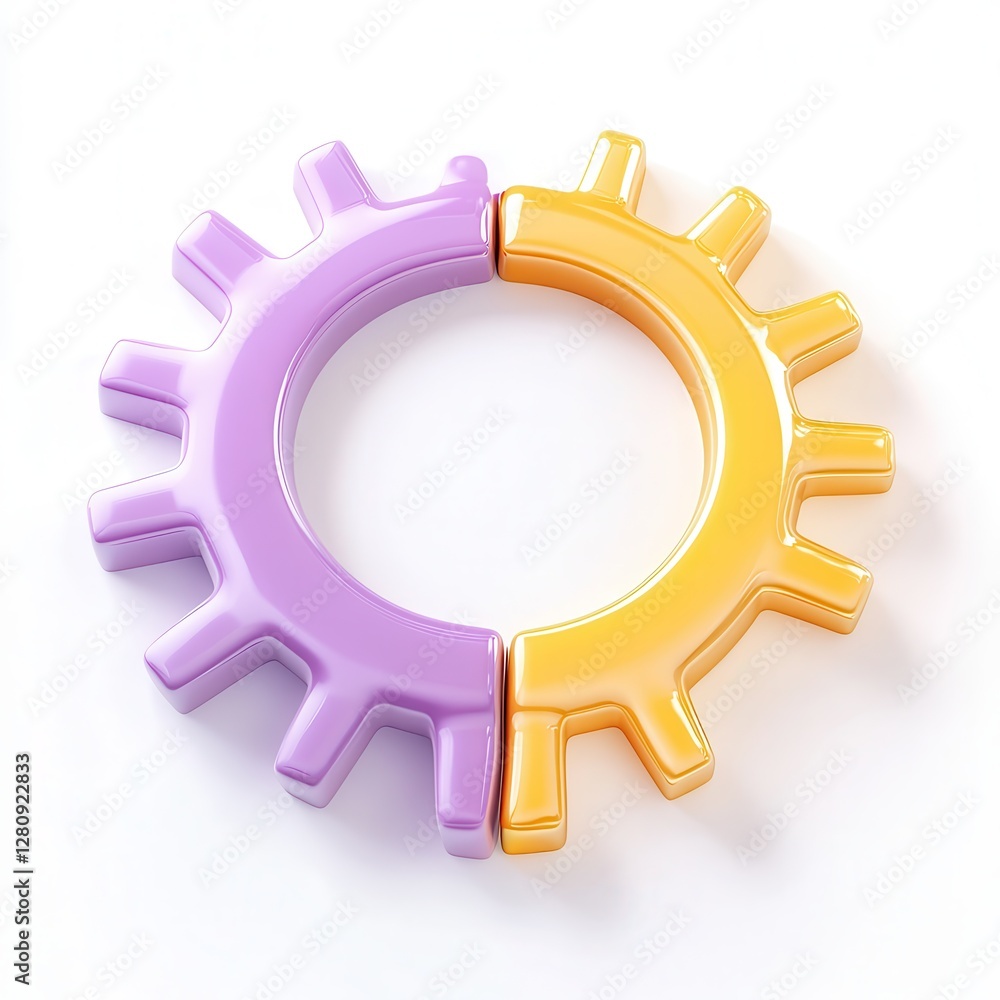 Poster a colorful 3d rendering of interlocking purple and yellow gears designed in a glossy style.