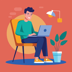 a boy is using his laptop vector