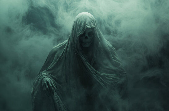 A spectral figure cloaked in ragged robes materializes from swirling fog, creating a chilling atmosphere at dusk