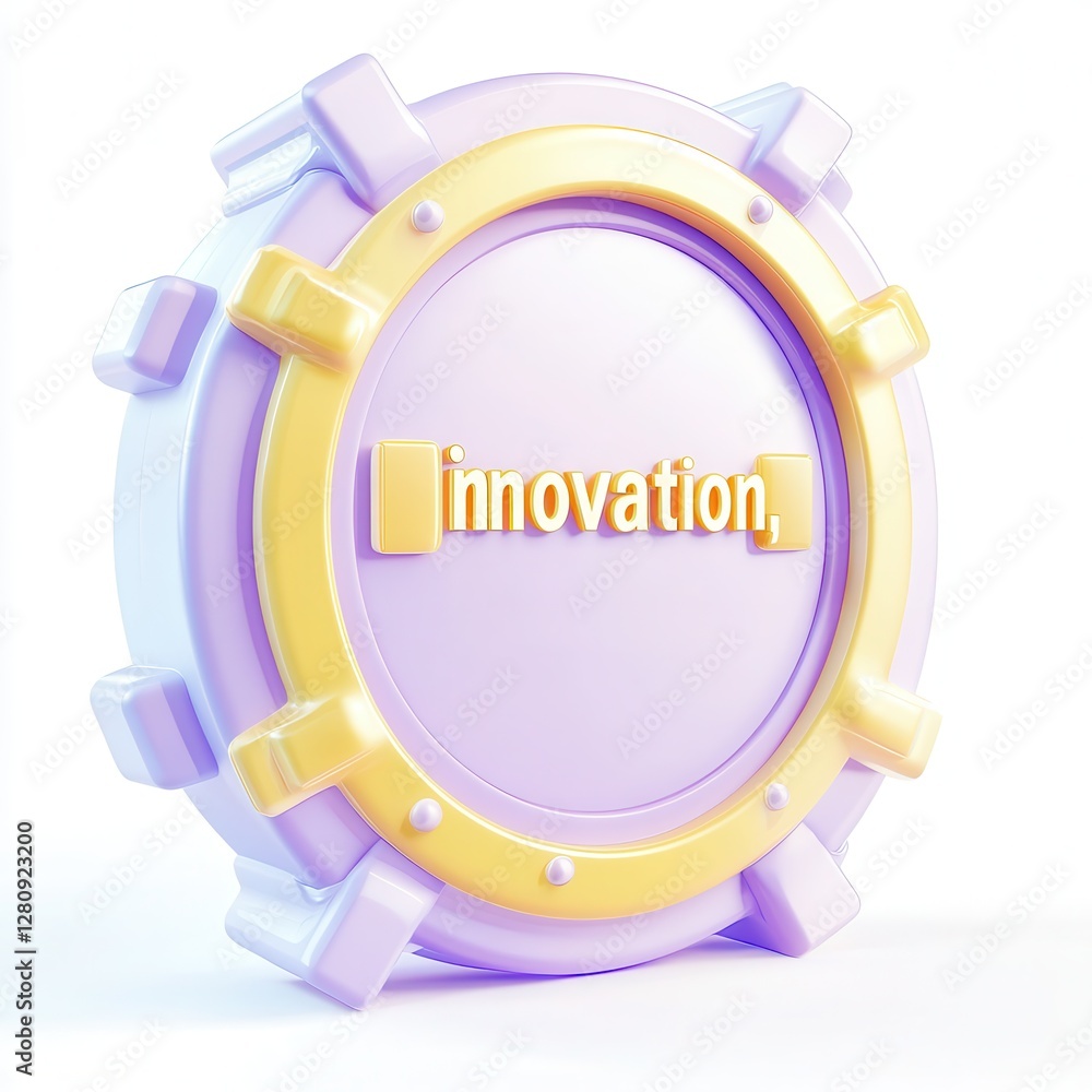 Poster a 3d model of a circular innovative badge with a purple and yellow color scheme, featuring the word 