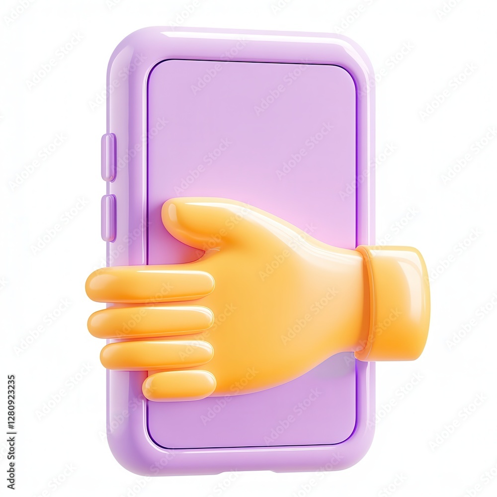 Poster a colorful 3d rendering of a phone being held by a stylized hand, featuring vibrant colors and a mod