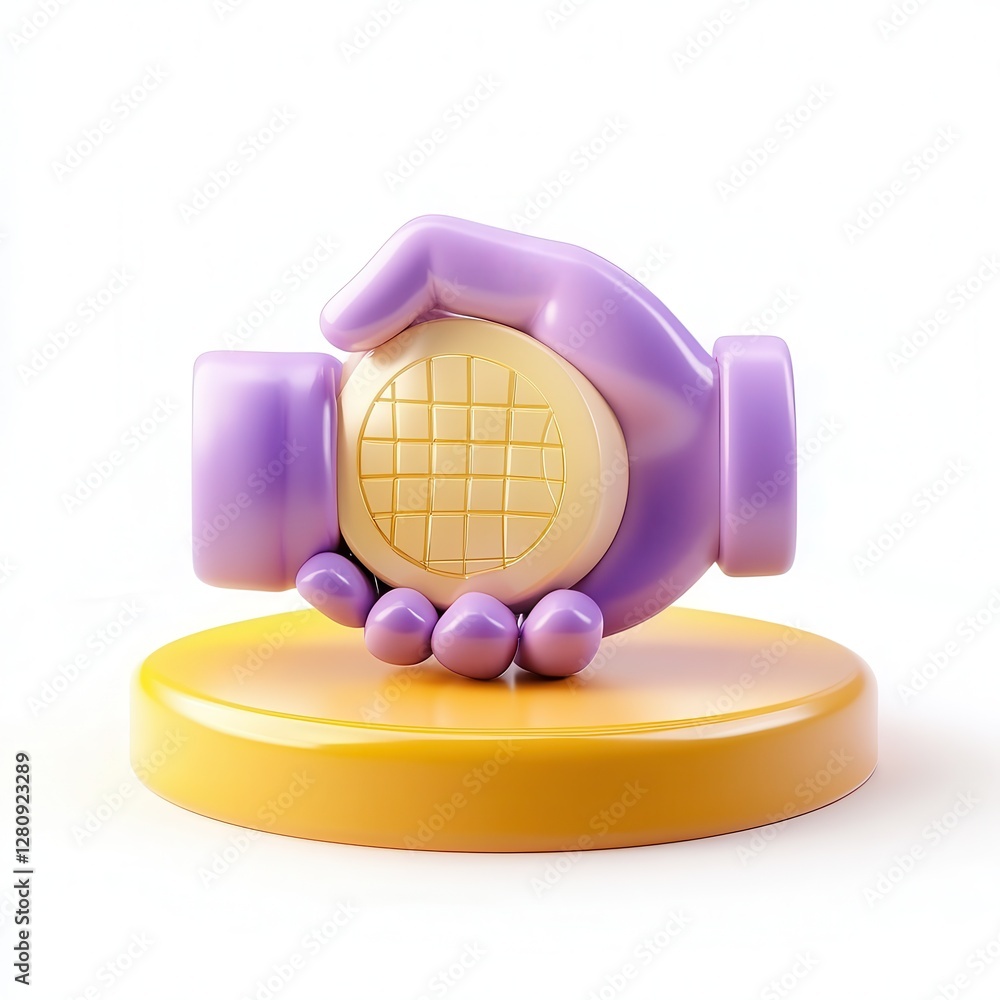Poster a colorful 3d render of a stylized hand holding a round object on a circular base, showcasing a mode