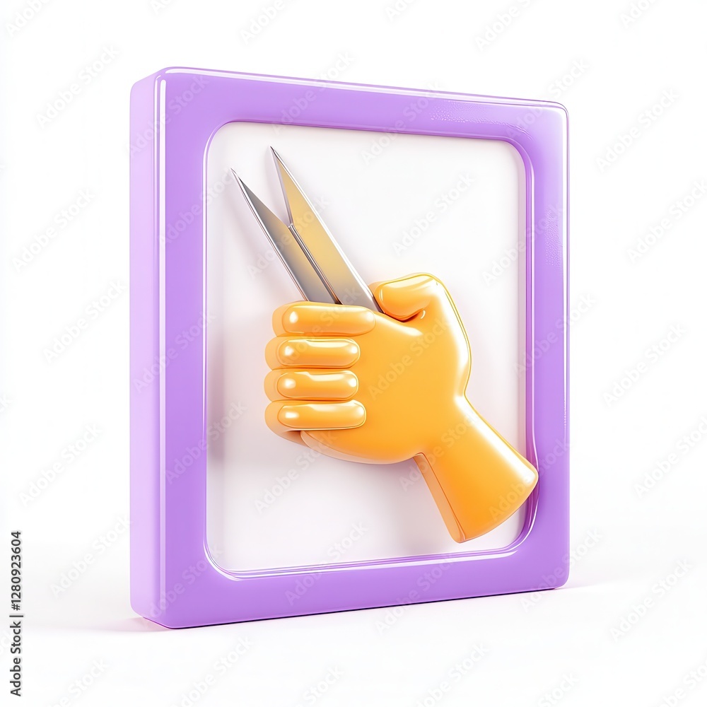 Poster a 3d rendered icon showing a hand holding scissors inside a square frame, emphasizing creativity and