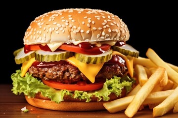 A juicy cheeseburger loaded with fresh toppings and crispy fries, set against a dark background, creating an appetizing presentation.