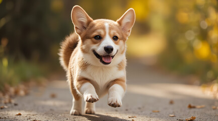 A running corgi, he is very happy