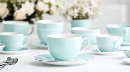 Fototapeta premium Elegant light blue ceramic teacups and saucers arranged on a white table with flowers in bright natural light.