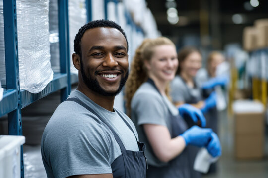 A group of cheerful workers in gray workwear displays camaraderie while handling tasks in a well-organized warehouse setting