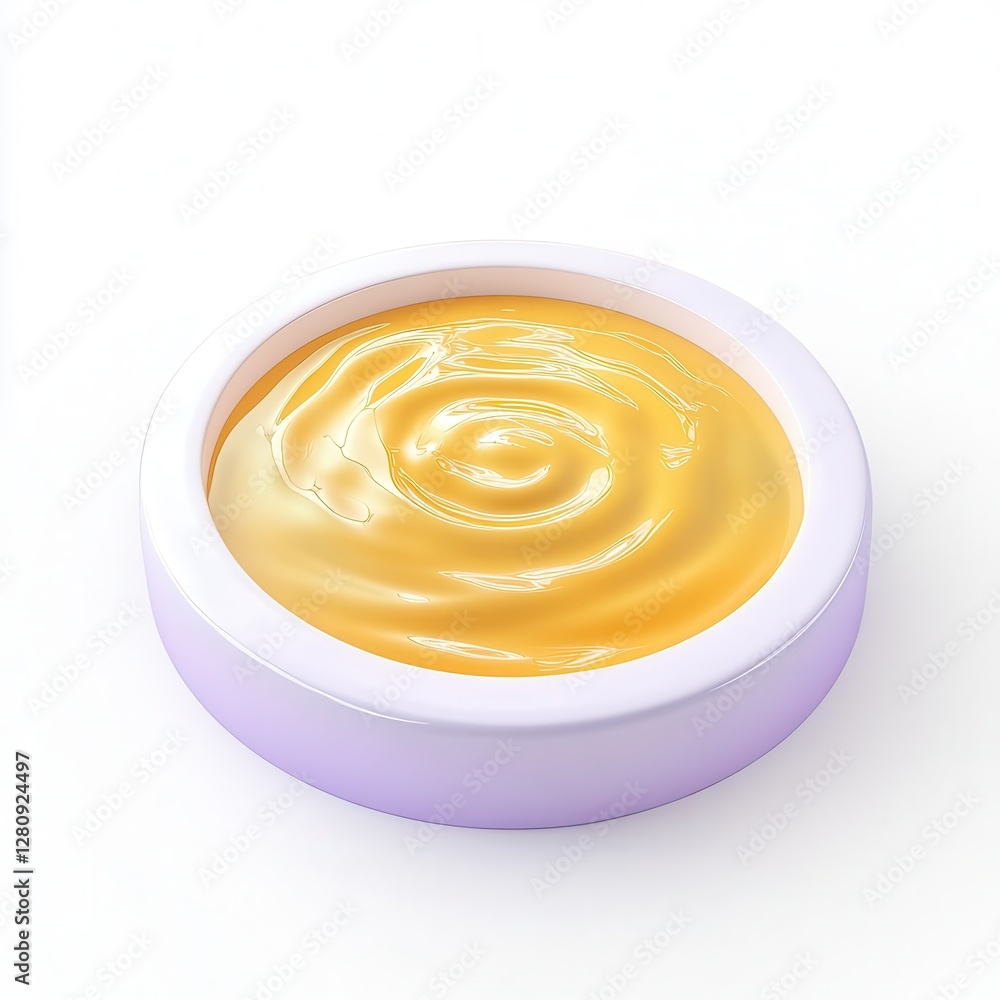 Poster a 3d render of a creamy substance in a round container with a swirling pattern on top.