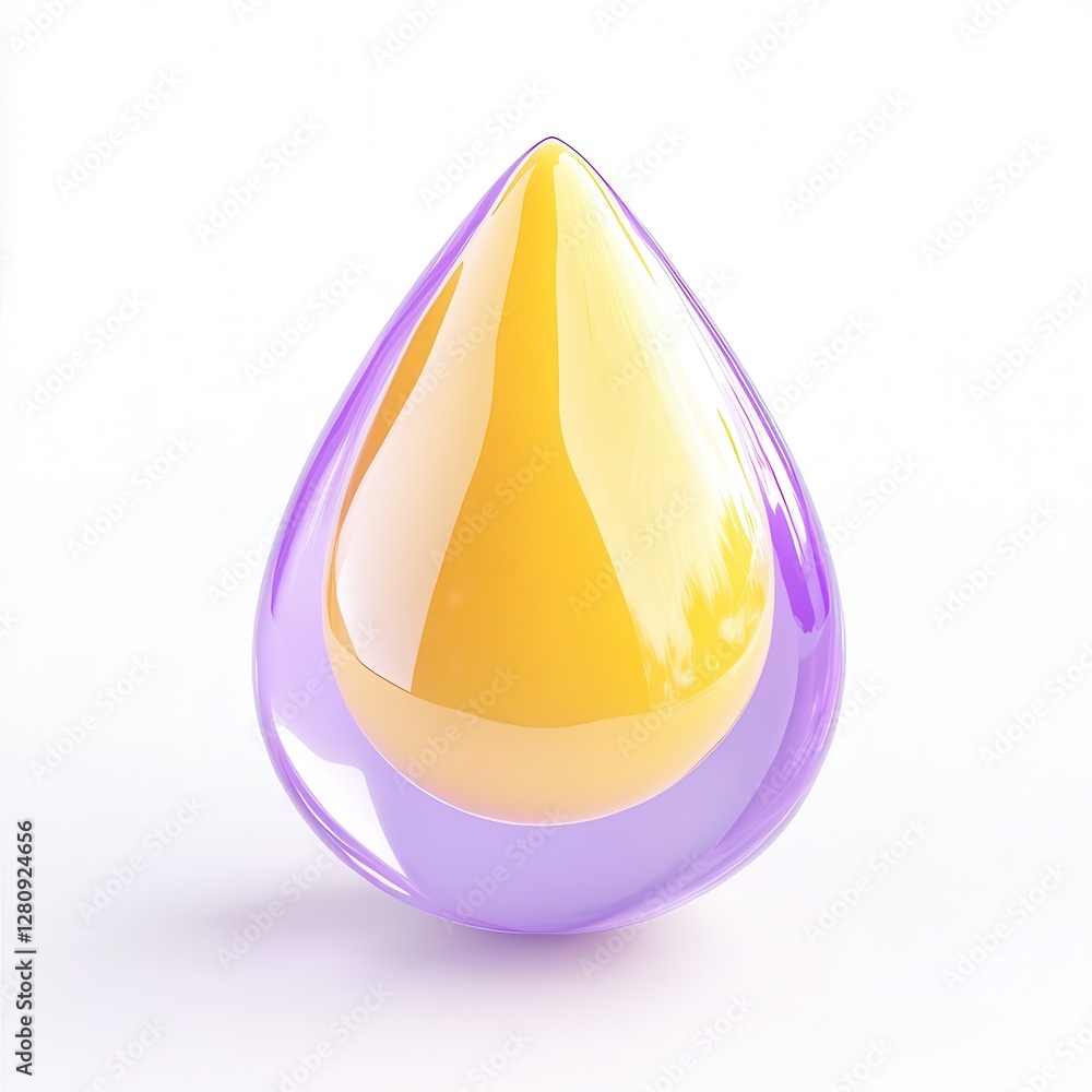 Poster a glossy, teardrop-shaped object in gradient yellow and purple colors, reflecting light with a smoot
