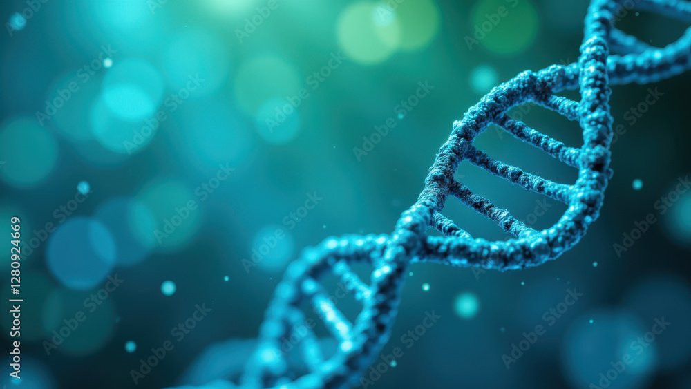 Poster a close-up image featuring a strand of dna with floating particles around it, symbolizing genetic re