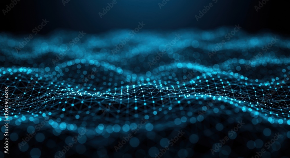 Poster a futuristic network visualization with glowing blue nodes connected by thin light lines symbolizing