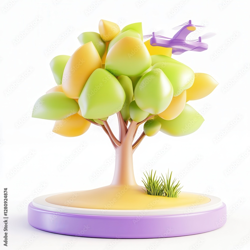 Poster a whimsical 3d render of a colorful tree with stylized leaves and a drone flying above it, all set o