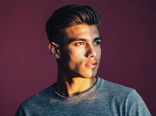 Stylish Hispanic male posing in studio, wearing gray t shirt, modern fade haircut complemented by dramatic sunlight casting artistic shadow across facial features