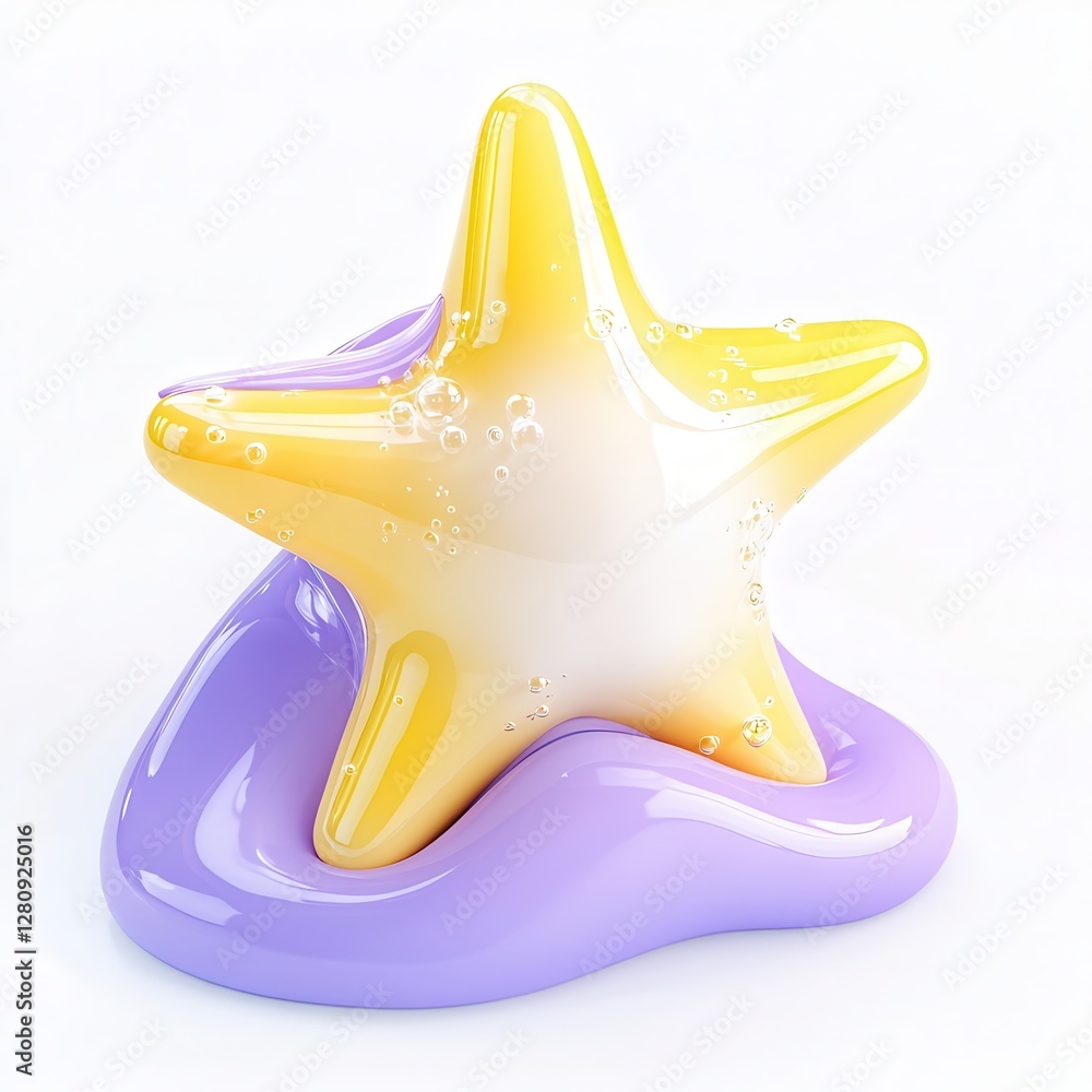 Aufkleber a glossy star-shaped object with a gradient effect, resting on a smooth base, featuring bubbles in a