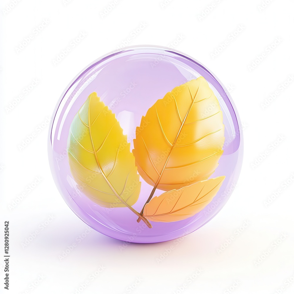 Poster a colorful 3d render of two glossy leaves encapsulated in a translucent sphere, showcasing vibrant h