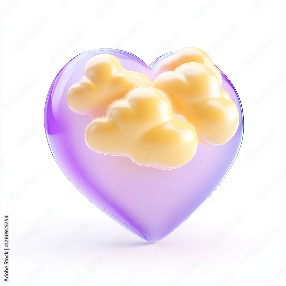 Poster a heart-shaped 3d object filled with soft, fluffy clouds in yellow and a purple outer layer, showcas