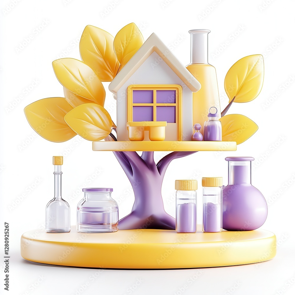 Poster a stylized display featuring a house on a tree, surrounded by various colorful glass bottles and con