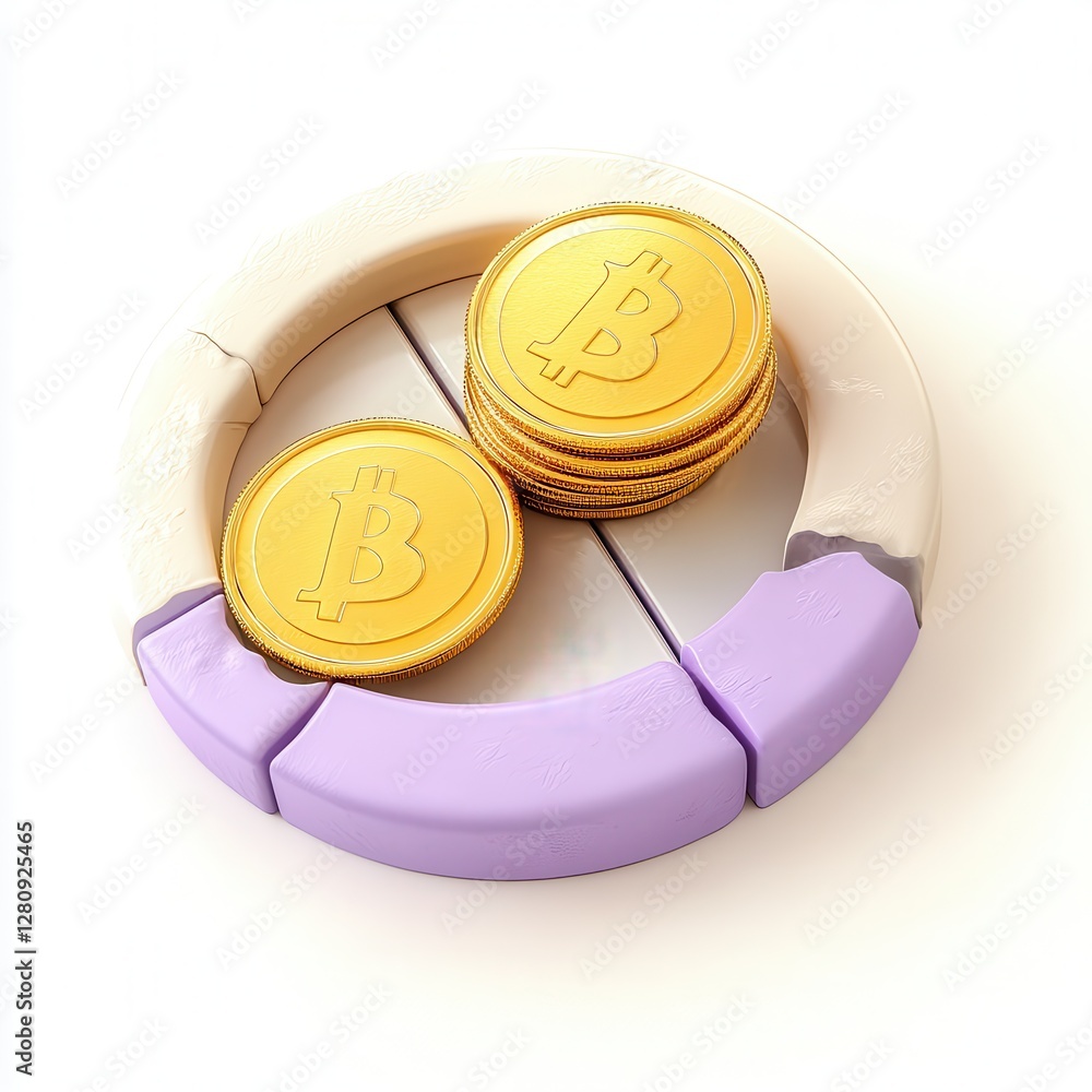 Poster a 3d render of a bitcoin concept with coins and a colorful circular graphic design.