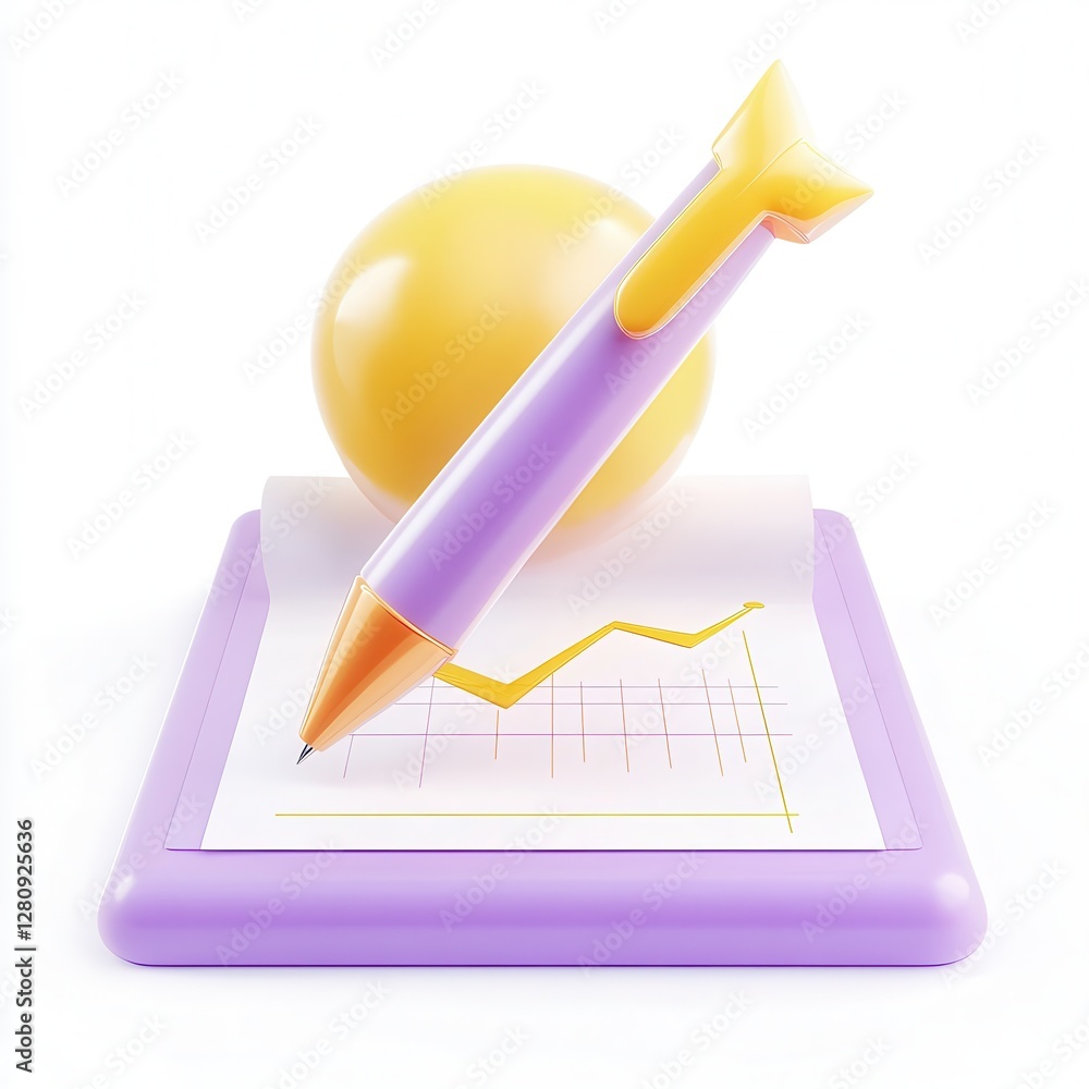 Poster a stylized pen and a sphere on a notepad with a graph, presenting a creative business concept.
