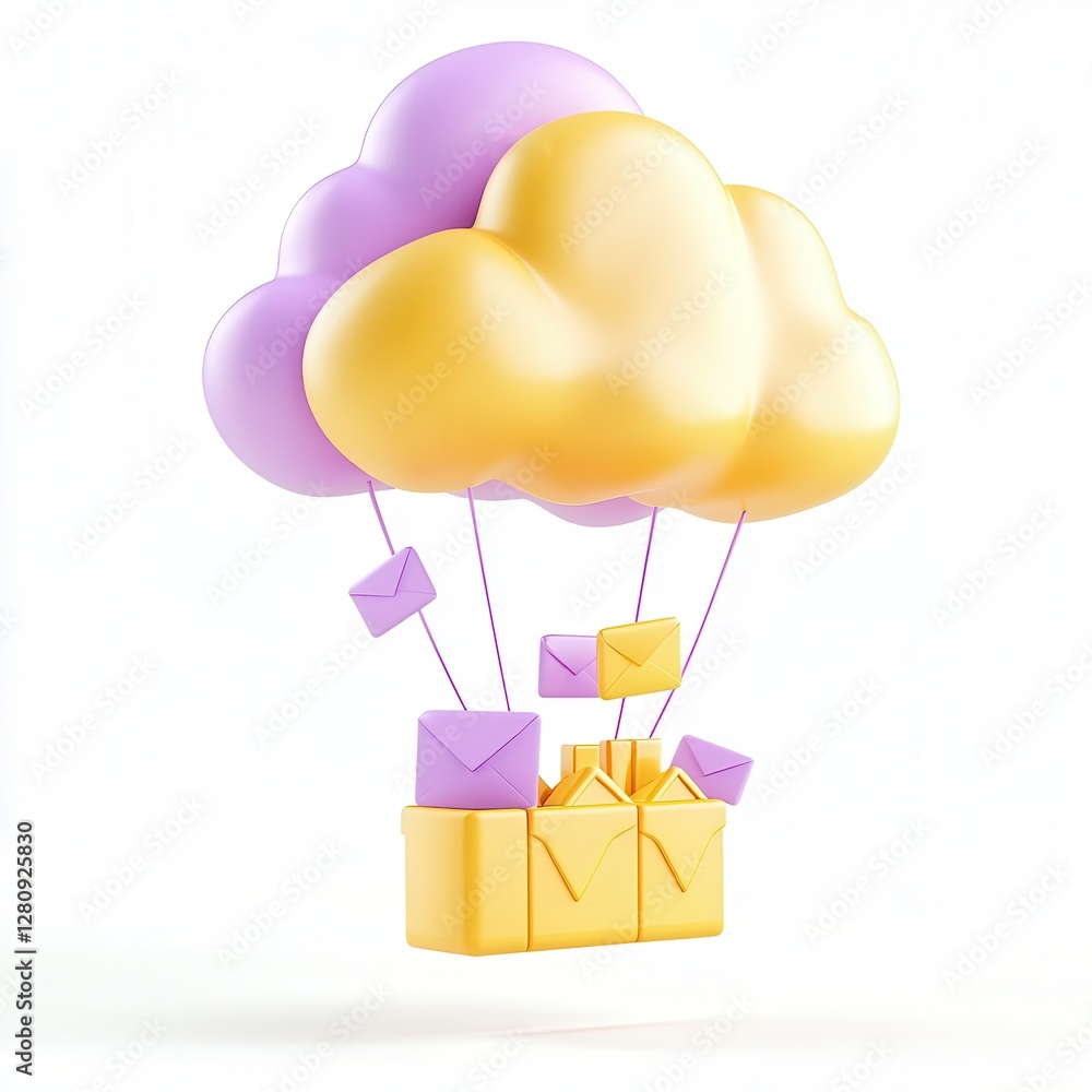 Poster a colorful 3d cloud with floating envelopes and gift boxes representing online communication.
