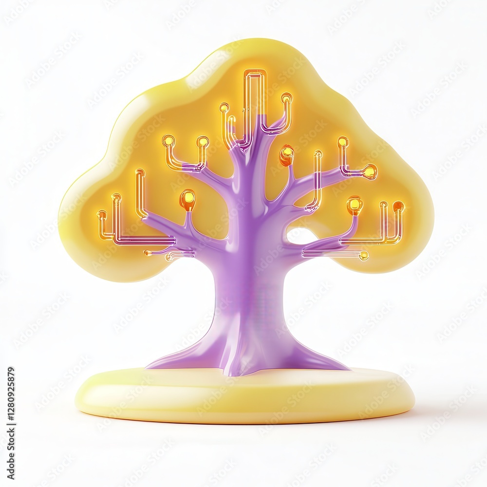 Poster a whimsical 3d tree design with vibrant colors and glowing branches, combining art and technology in