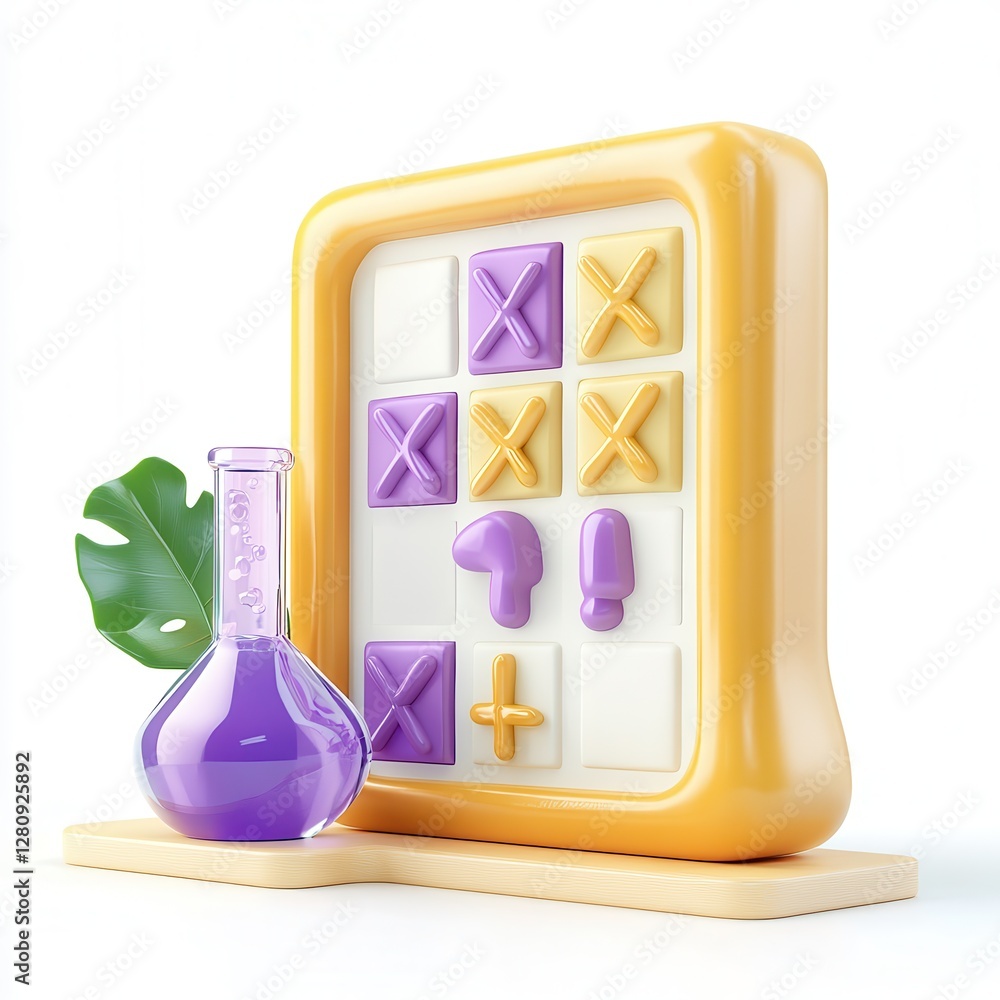 Poster a playful 3d render of a tic-tac-toe game with colorful pieces, accompanied by a purple laboratory f