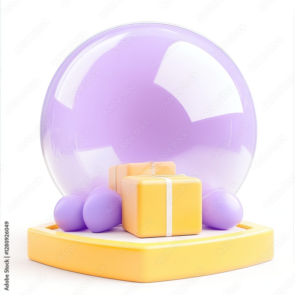 Poster a colorful 3d render featuring a transparent sphere with gift boxes and eggs on a platform.