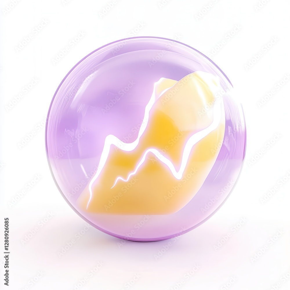 Poster a glossy, spherical object with a mix of purple and yellow colors, featuring a lightning-like design