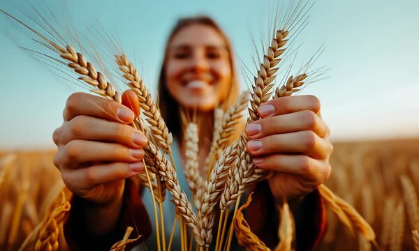 Happy farmer showcases freshly harvested wheat in a golden field under bright sky