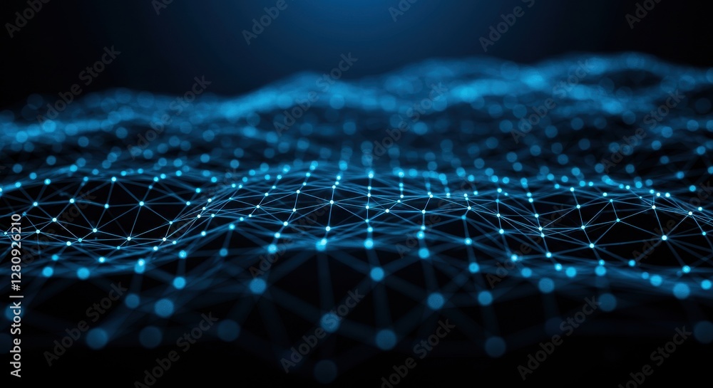 Poster a futuristic network visualization featuring glowing blue nodes connected by thin lines symbolizing 